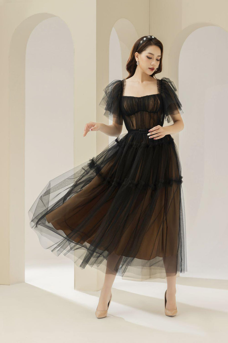 Viana Gathered Square Neck Tulle Midi Dress 7