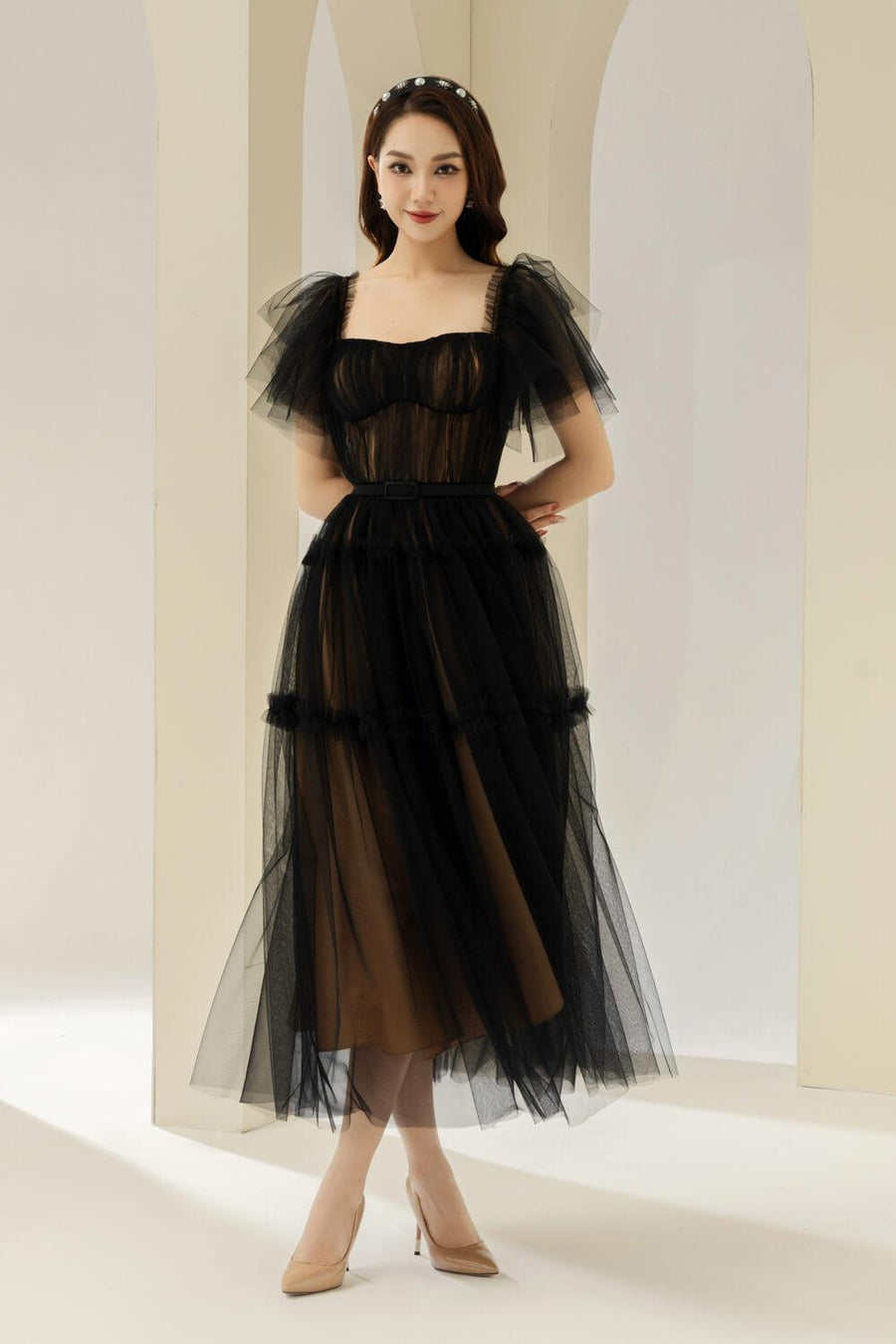 Viana Gathered Square Neck Tulle Midi Dress 8