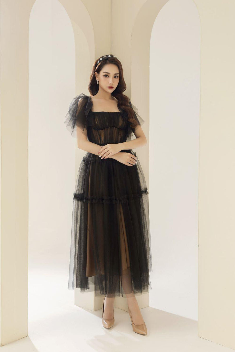 Viana Gathered Square Neck Tulle Midi Dress 9