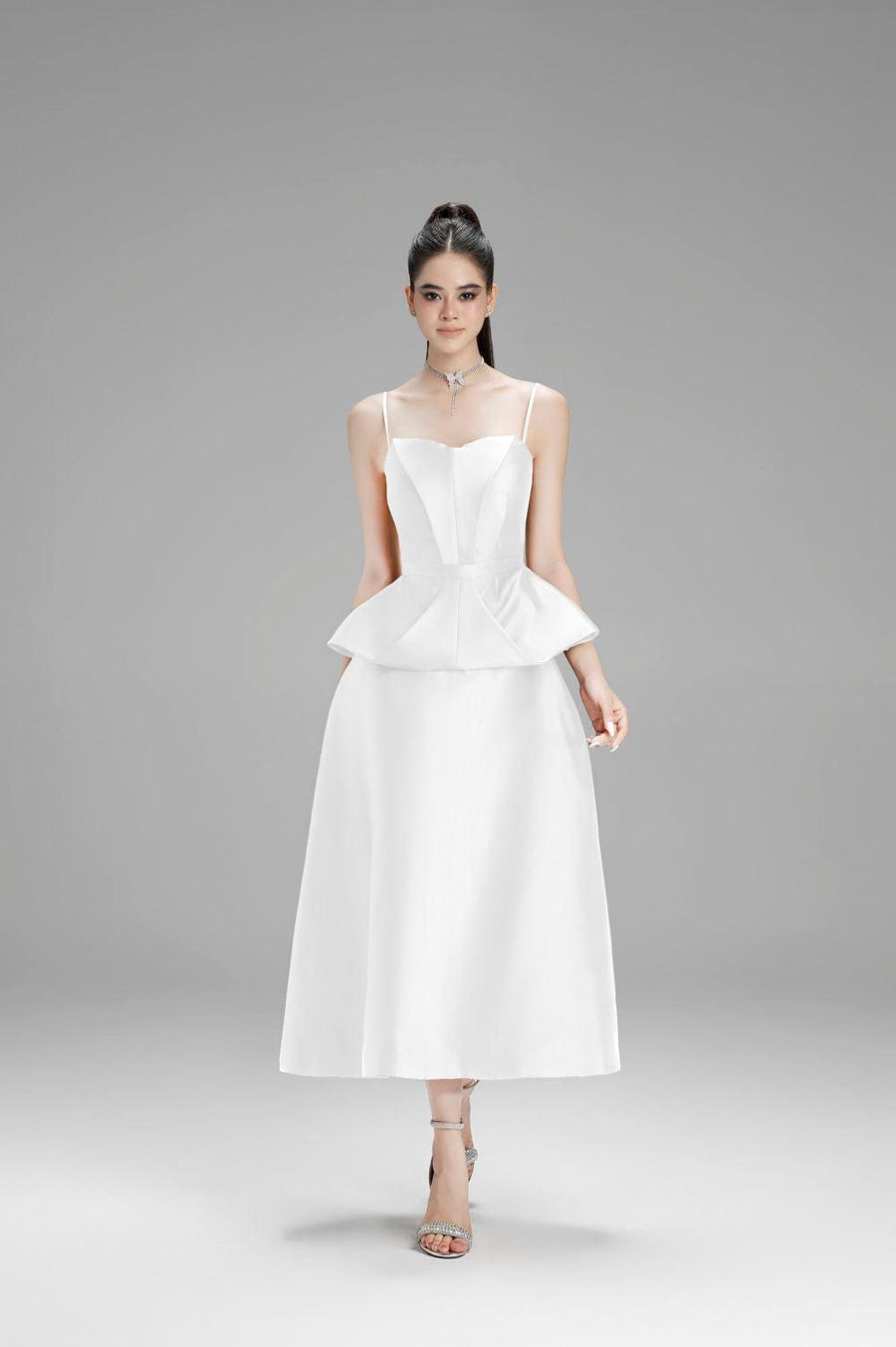 Victoria Peplum Spaghetti Strap Taffeta Top White Sleeveless Top Cordia