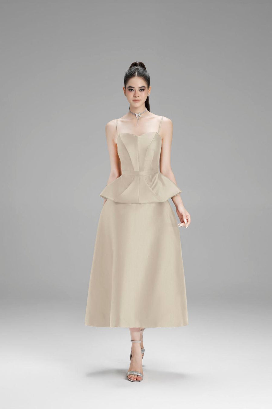 Victoria Peplum Spaghetti Strap Taffeta Top Nude Sleeveless Top Cordia