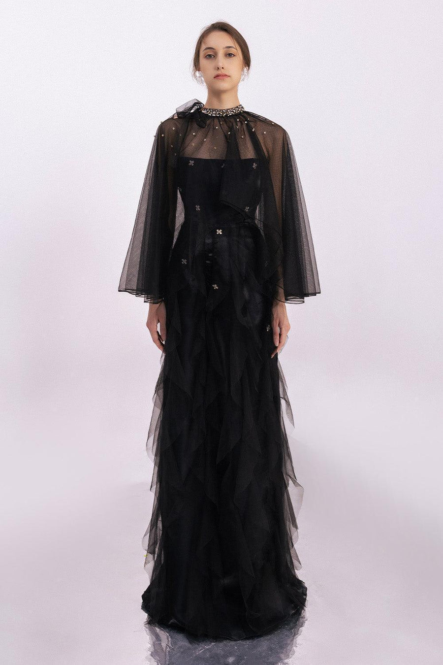 Vincent A-line Ruffle Layer Mesh Taffeta Floor Length Set 8
