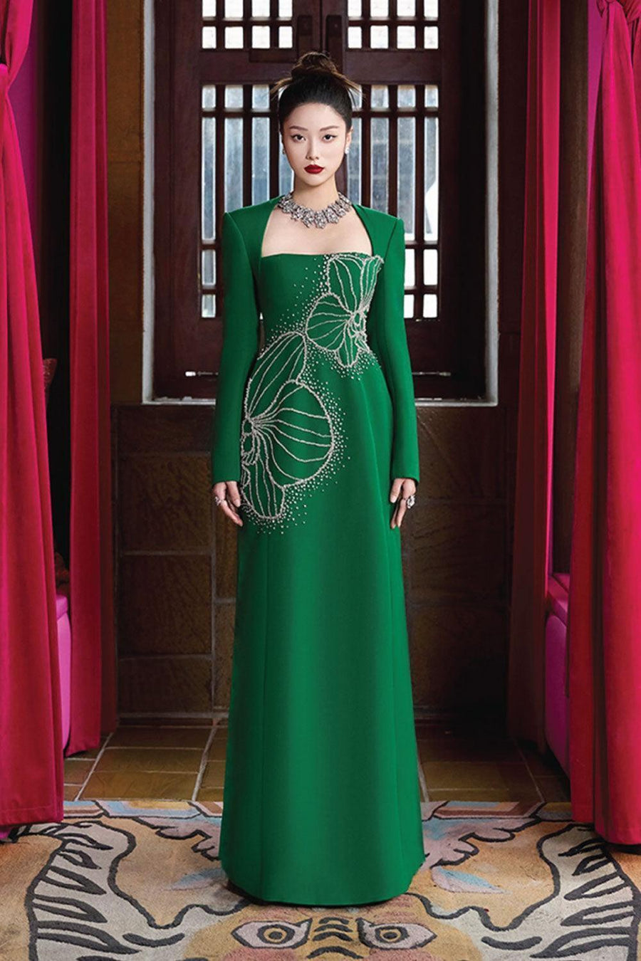 Vivacy A-line Queen Anne Neck Velvet Satin Maxi Dress 4