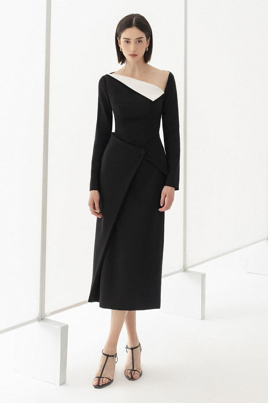 Wendy Sheath Asymmetric Neck Polycotton Midi Dress Black Midi Dress Eegen Studio