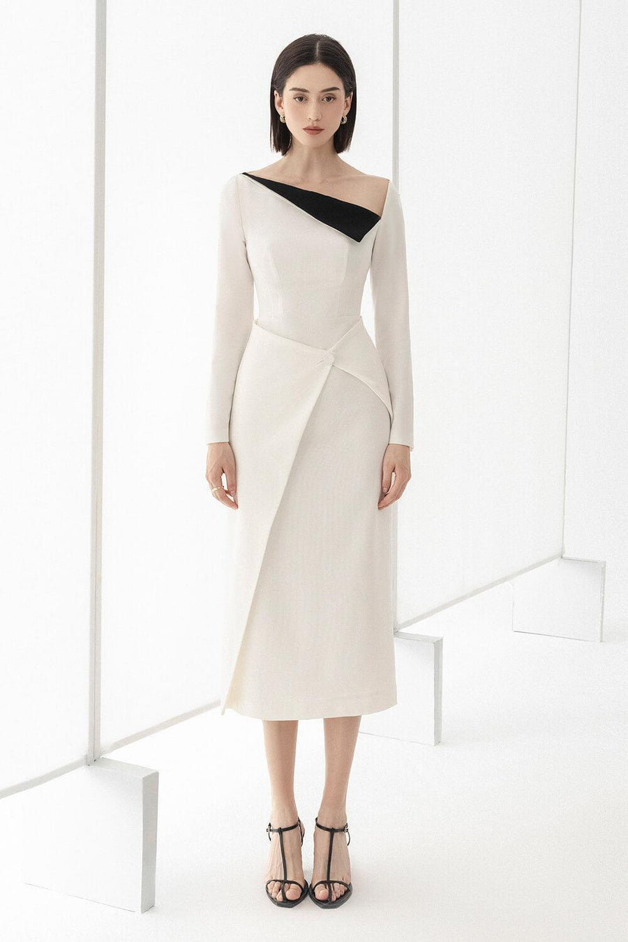 Wendy Sheath Asymmetric Neck Polycotton Midi Dress Midi Dress Eegen Studio