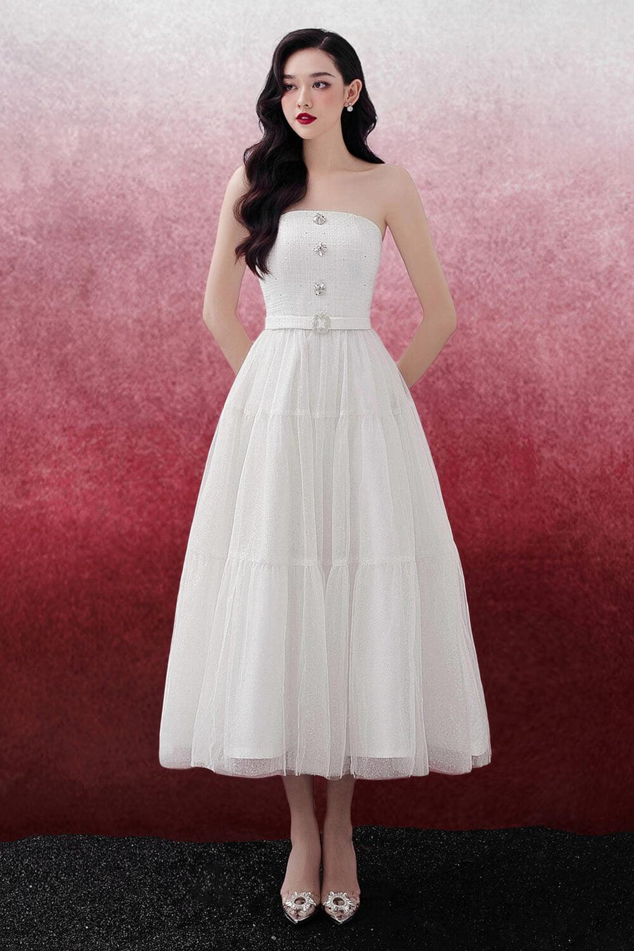 Wendy Strapless Gathered Tulle Midi Dress Midi Dress Delicate