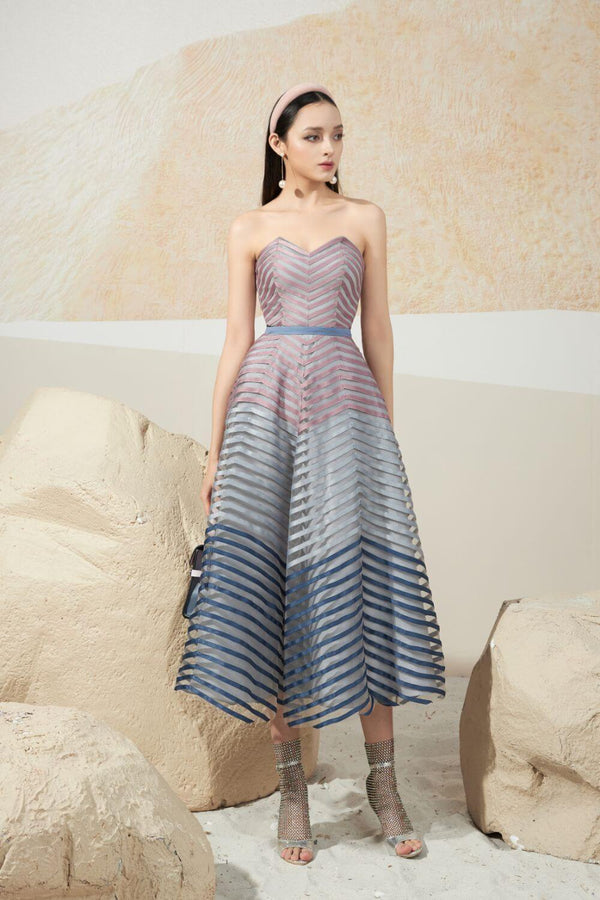 Wheeler Strapless Sweetheart Neck Mesh Sheer Midi Dress 1