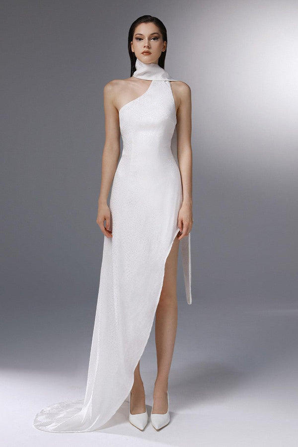 Whirlwind Asymmetric Scarf Neck Silk Floor Length Dress