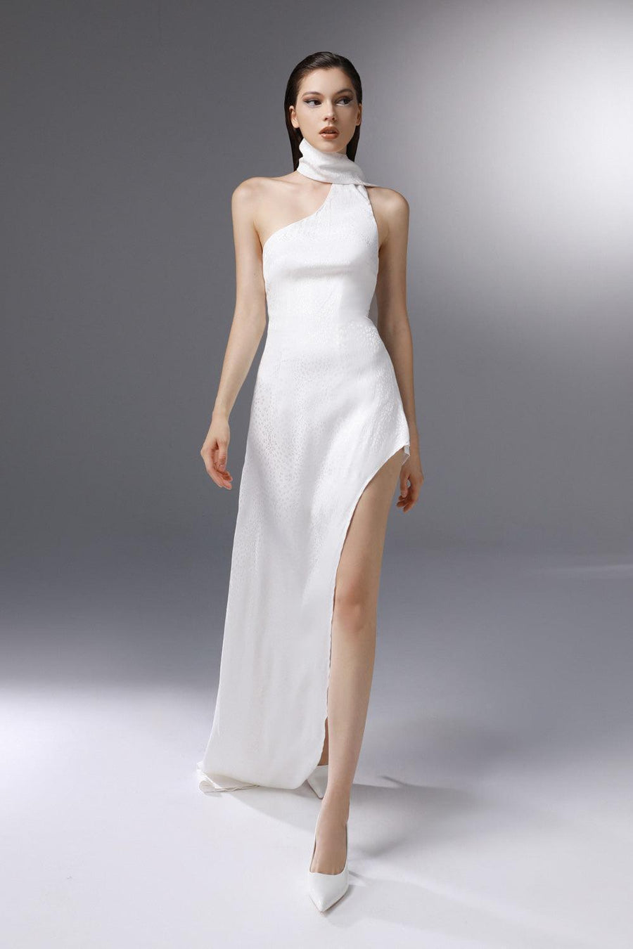 Whirlwind Asymmetric Scarf Neck Silk Floor Length Dress 5
