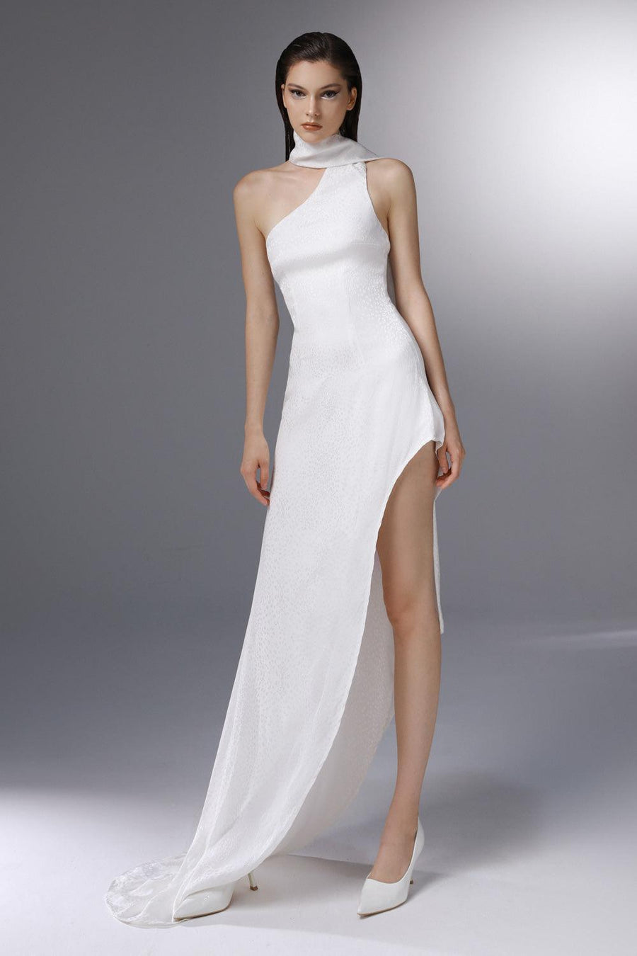 Whirlwind Asymmetric Scarf Neck Silk Floor Length Dress 6