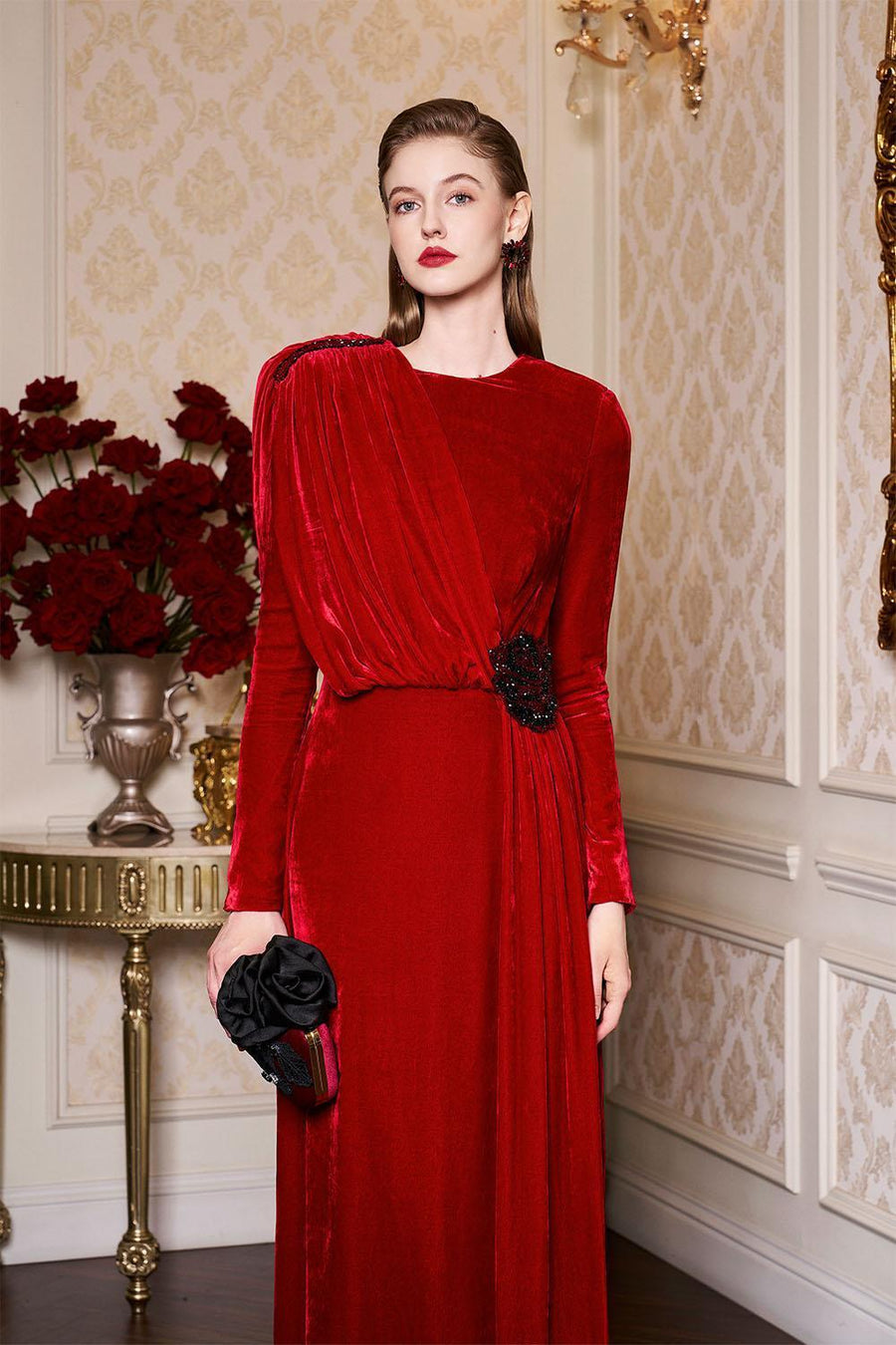 Whitley Sheath Asymmetric Shoulder Velvet Floor Length Dress Gown Dress I.H.F Atelier