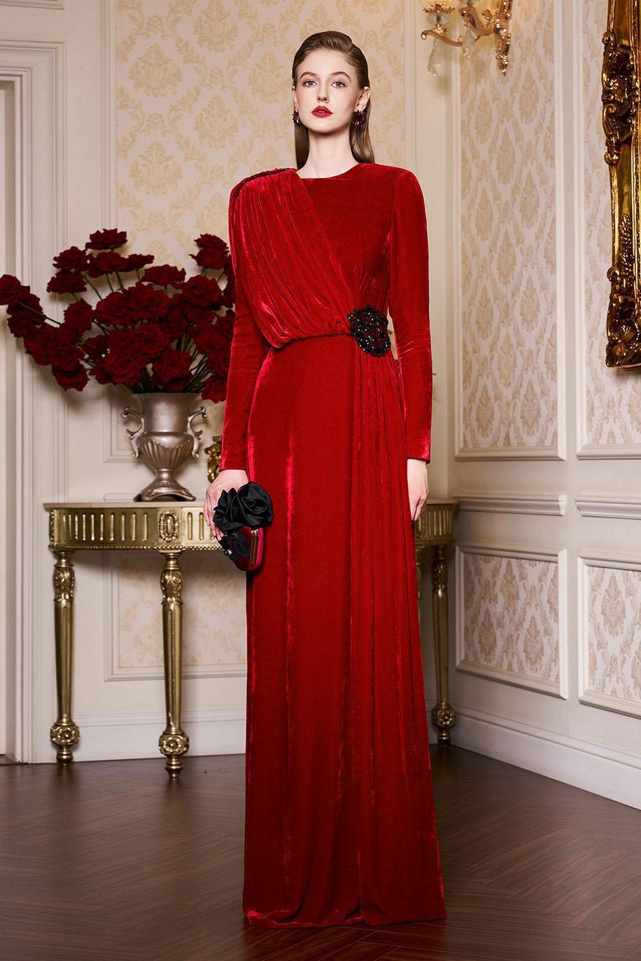 Whitley Sheath Asymmetric Shoulder Velvet Floor Length Dress Gown Dress I.H.F Atelier