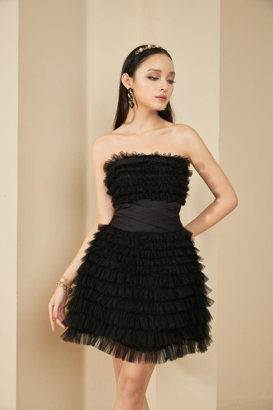 Whitma Strapless Ruffle Layer Mesh Sheer Mini Dress 13