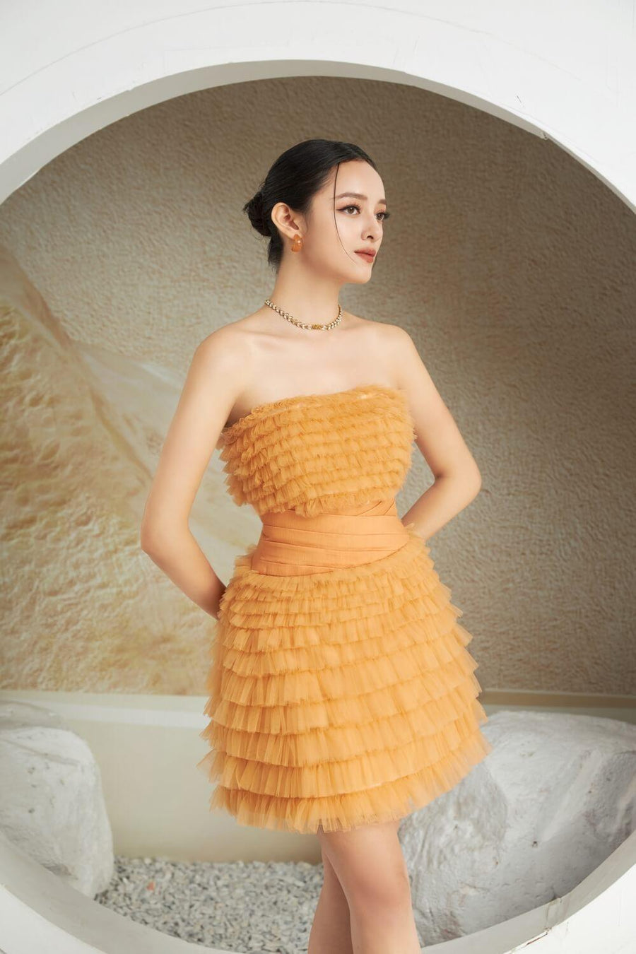 Whitma Strapless Ruffle Layer Mesh Sheer Mini Dress 2