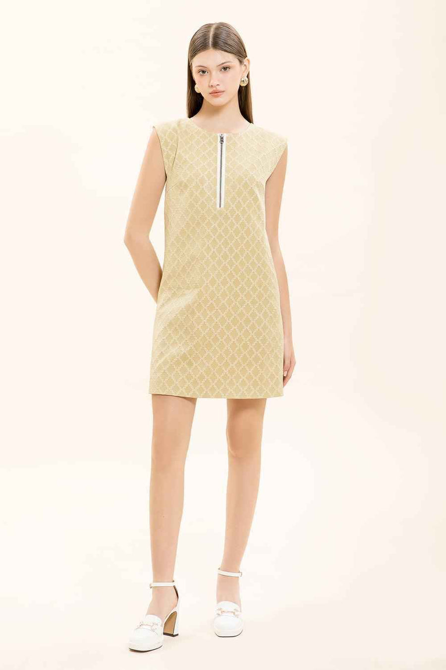 Winifred Straight Round Neck Brocade Mini Dress
