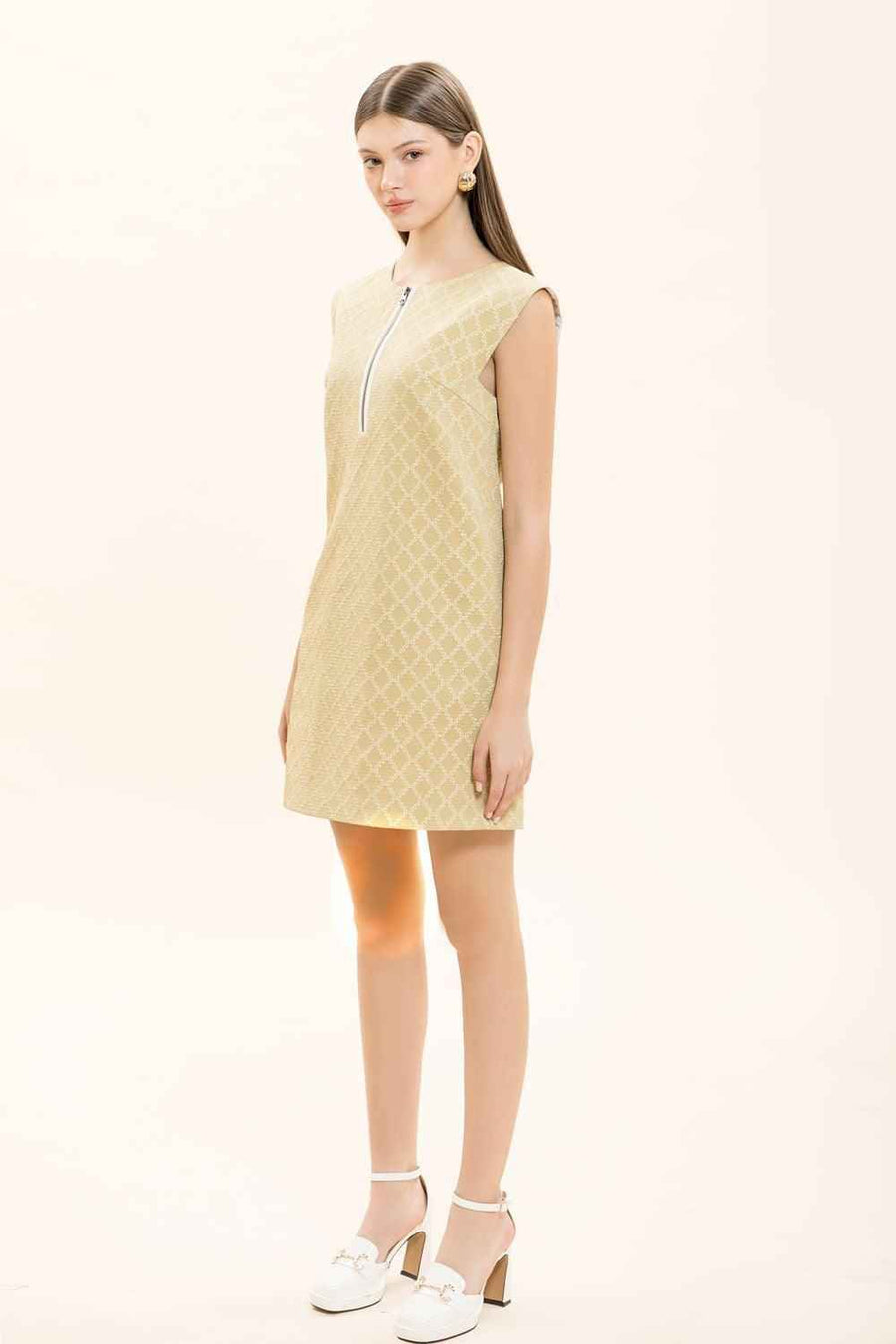 Winifred Straight Round Neck Brocade Mini Dress