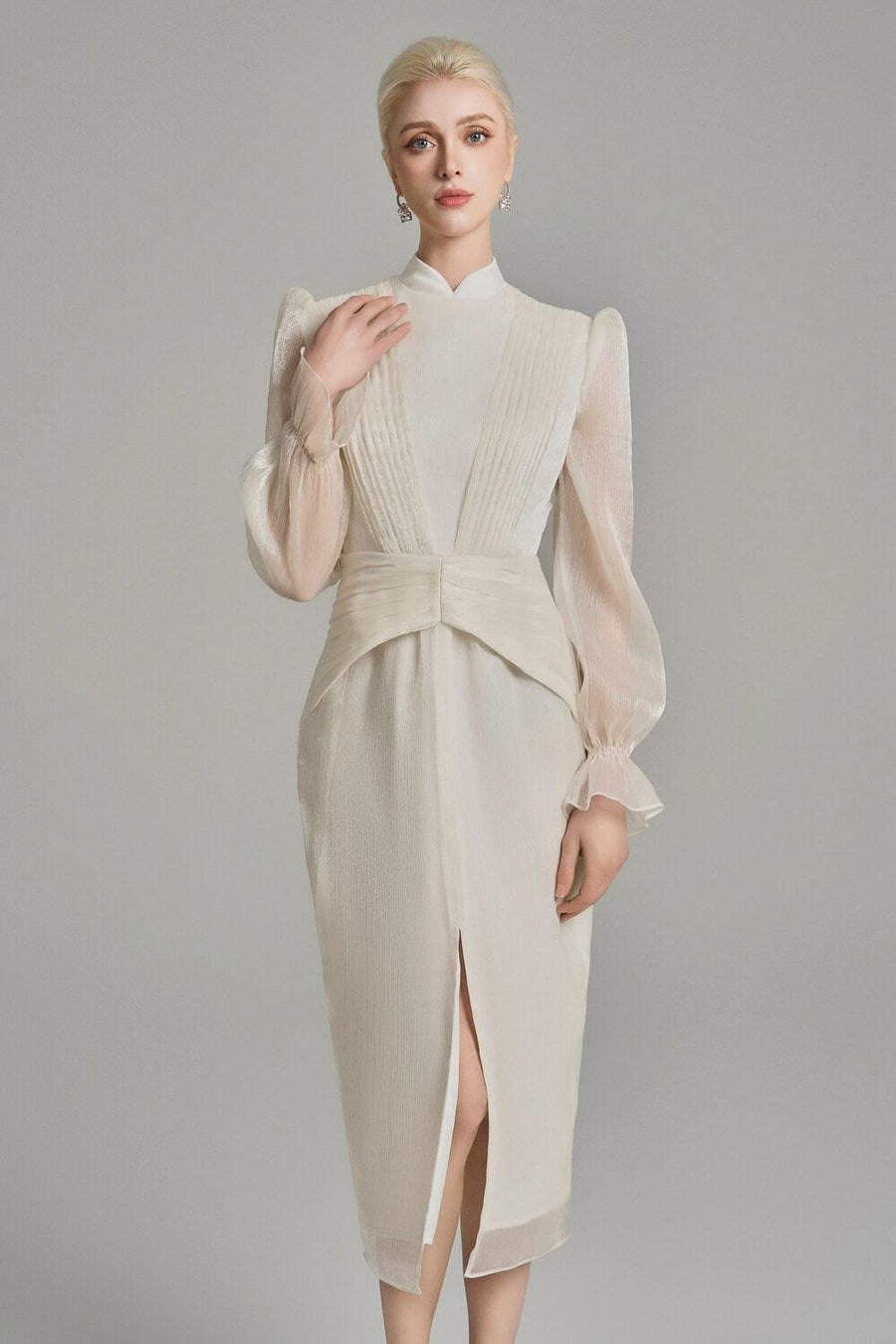 Wrenlee Pencil Mandarin Neck Voile Midi Dress White Midi Dress Cordia