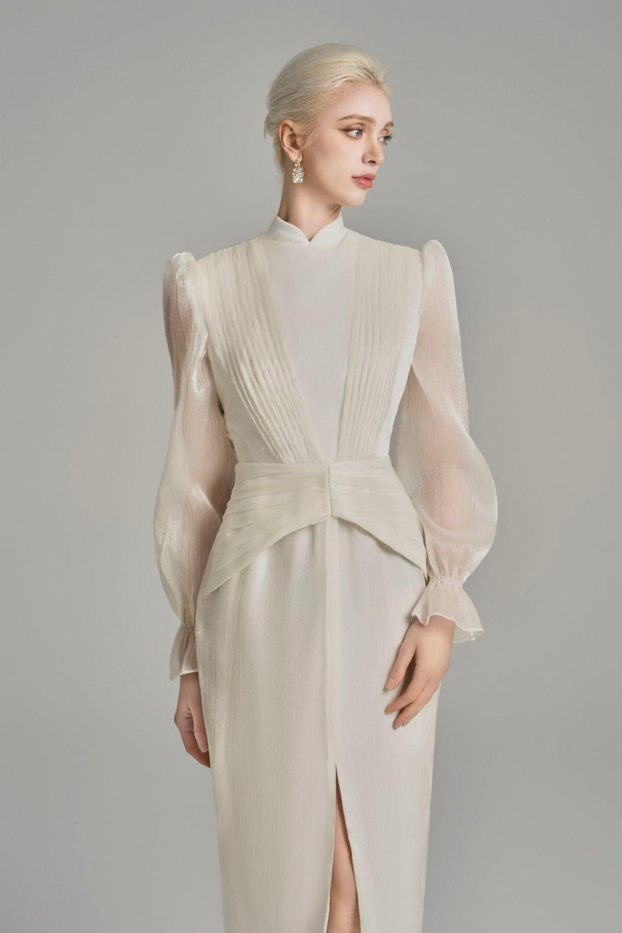 Wrenlee Pencil Mandarin Neck Voile Midi Dress Midi Dress Cordia