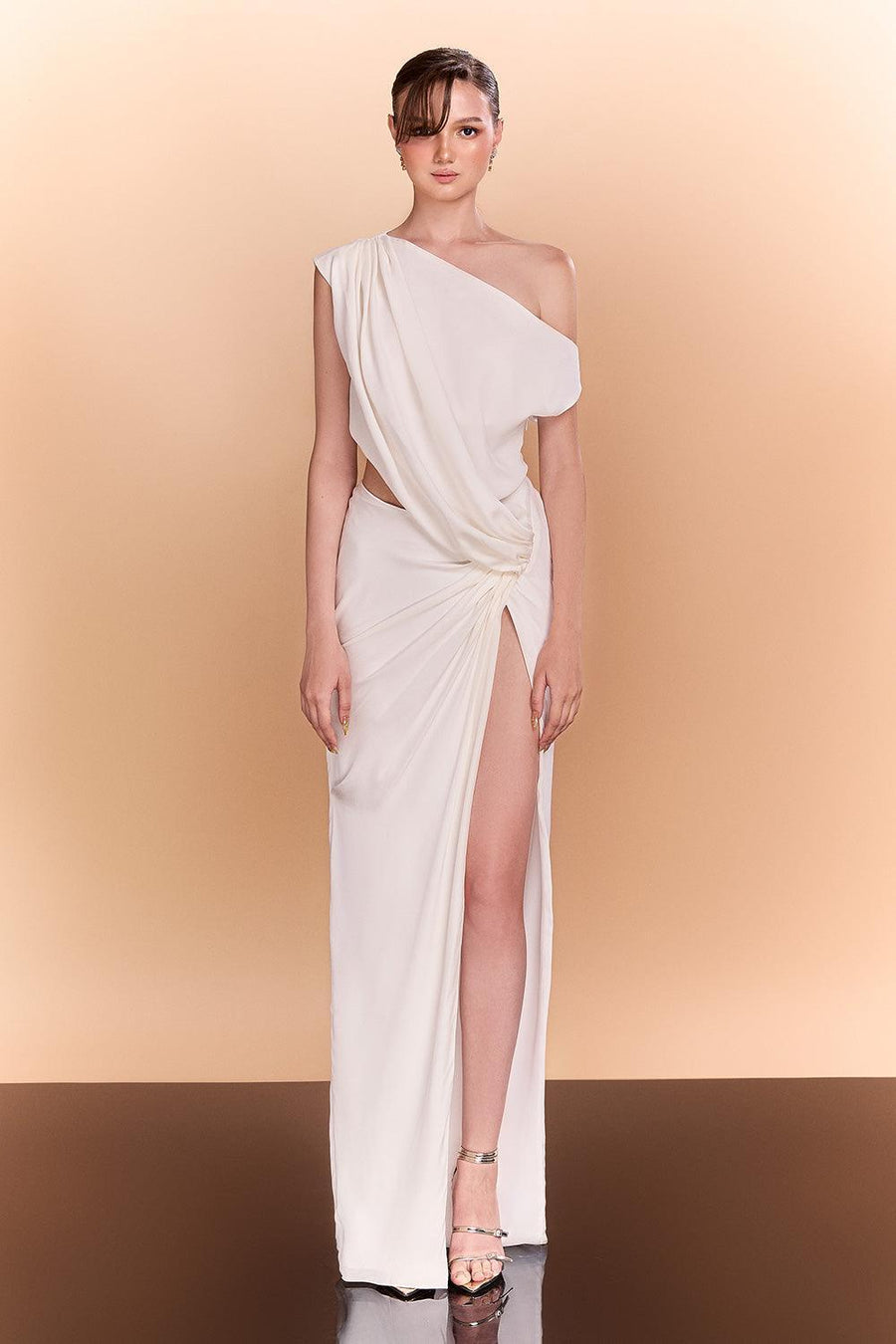Wynter Slit Diagonal Neck Silk Floor Length Dress Maxi Dress CEM