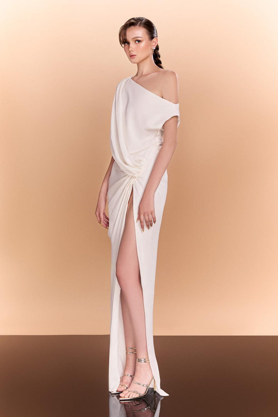 Wynter Slit Diagonal Neck Silk Floor Length Dress Maxi Dress CEM