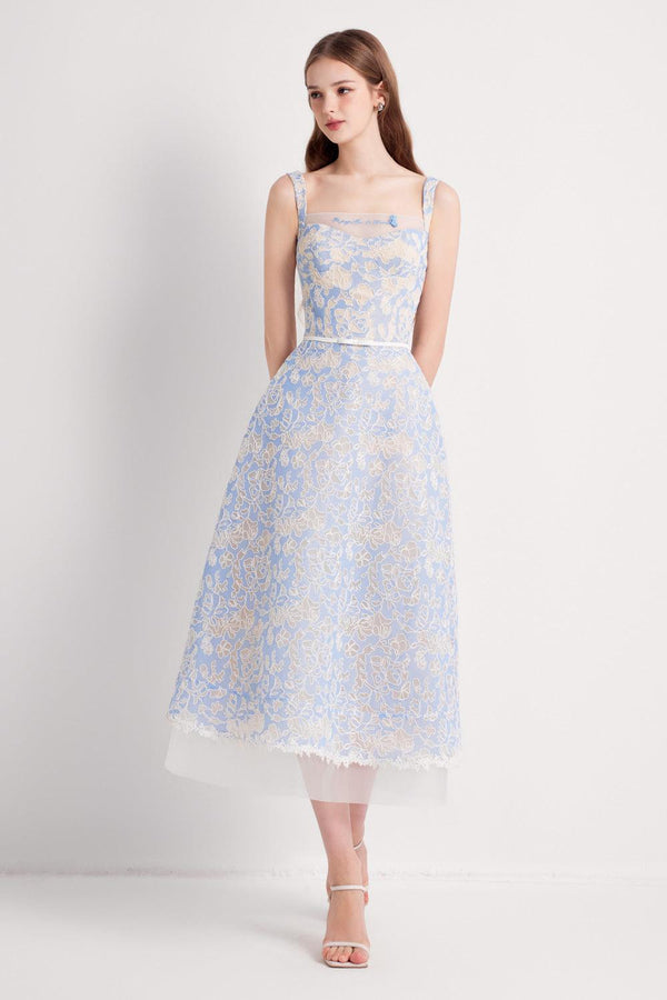 Xavia A-line Square Neck Embroidered Lace Midi Dress