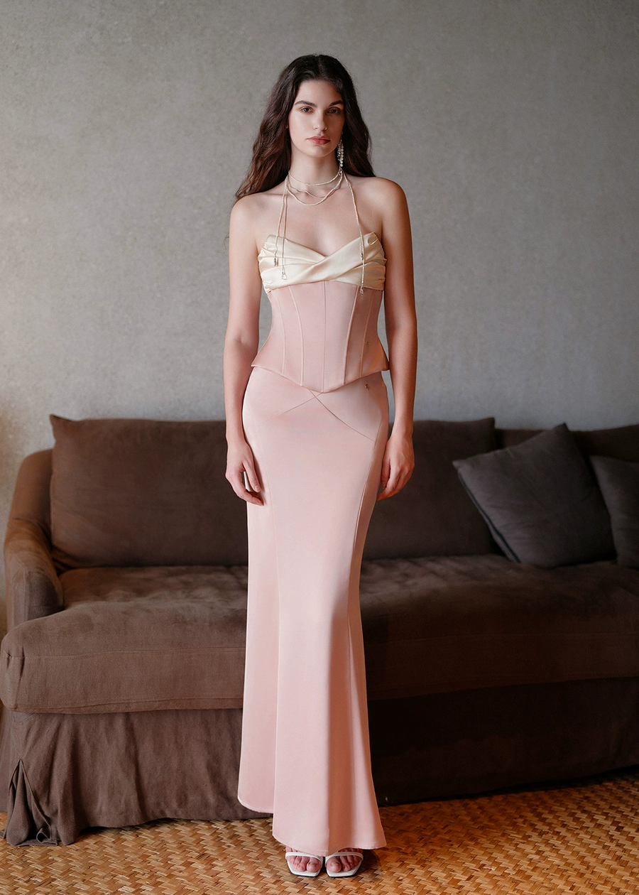 Mermaid satin patchwork fishbone corset slim fit fish tail half length long skirt set Set RESSALINA