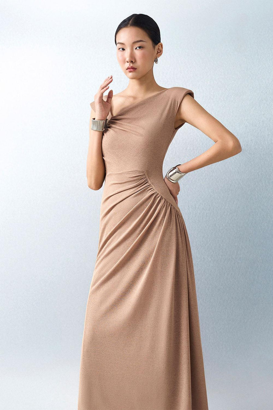 Yari Gathered Cap Sleeved Knit Ankle Length Dress Maxi Dress Eegen Studio