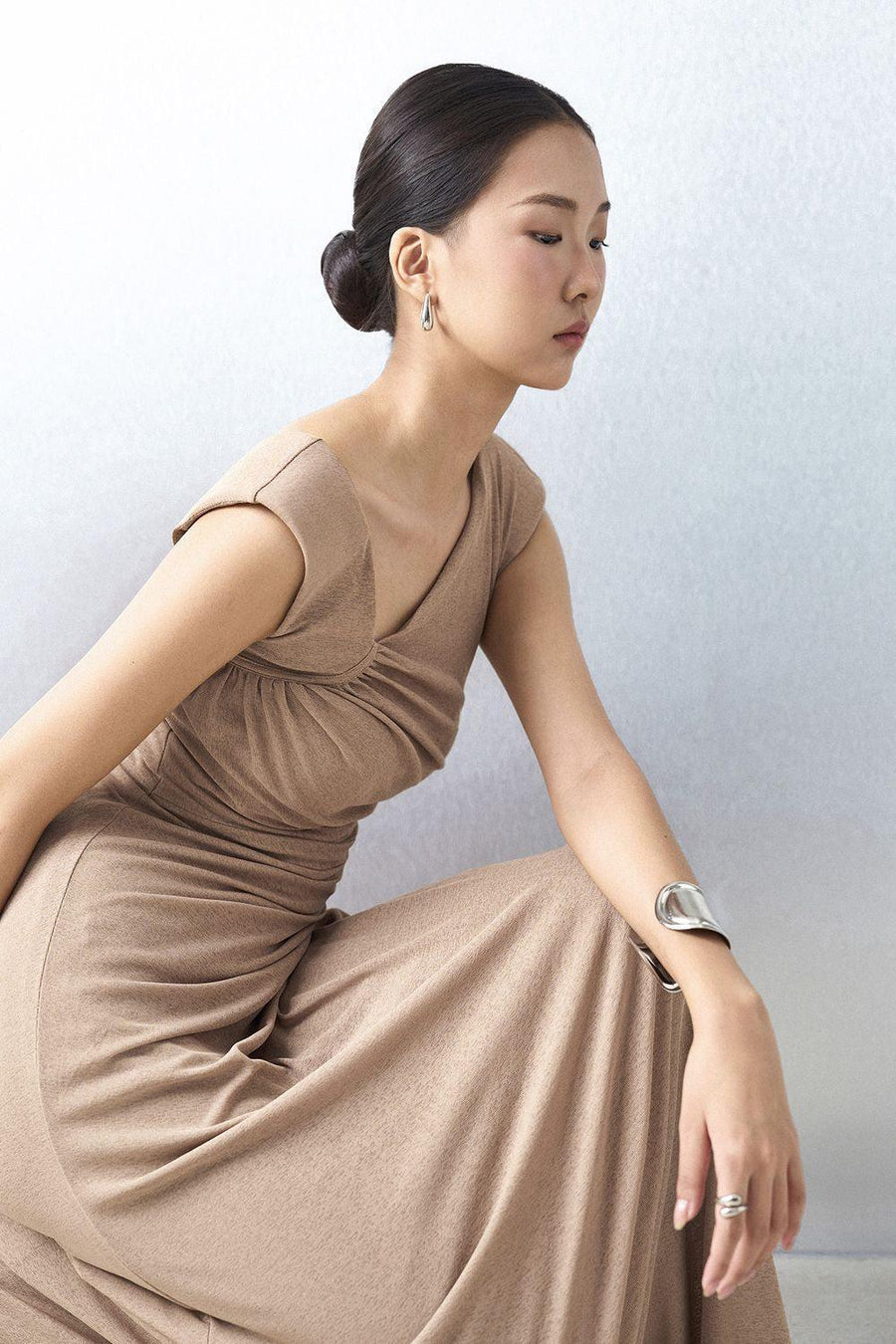 Yari Gathered Cap Sleeved Knit Ankle Length Dress Maxi Dress Eegen Studio