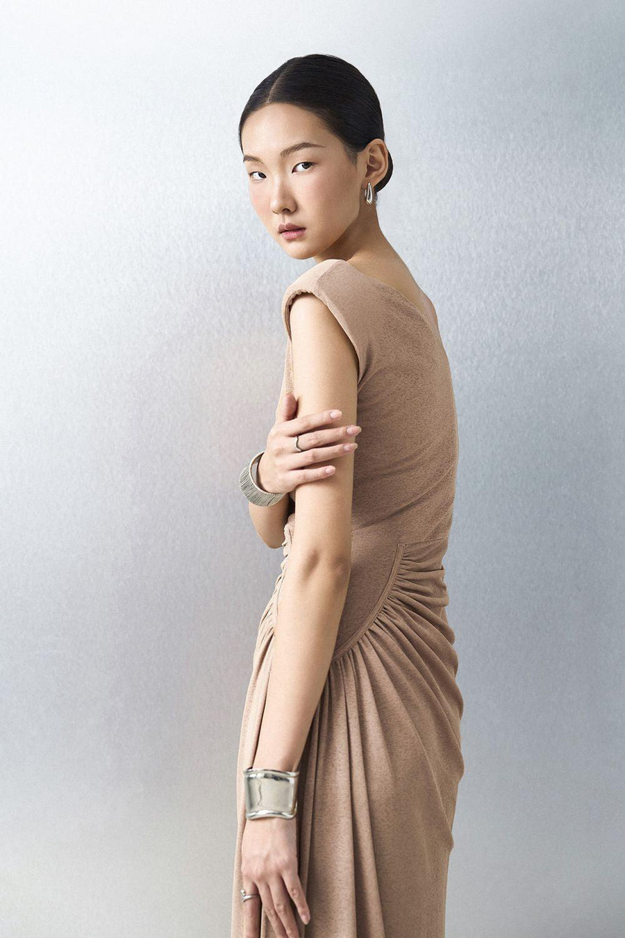 Yari Gathered Cap Sleeved Knit Ankle Length Dress Maxi Dress Eegen Studio