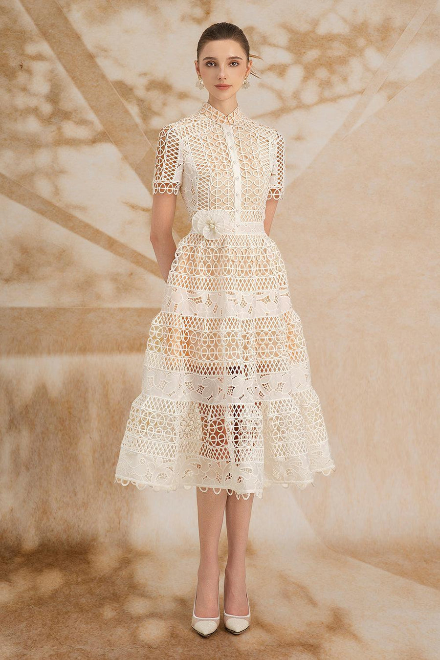Yasmine A-line Short Sleeved Lace Midi Dress Midi Dress Rosee de Matin