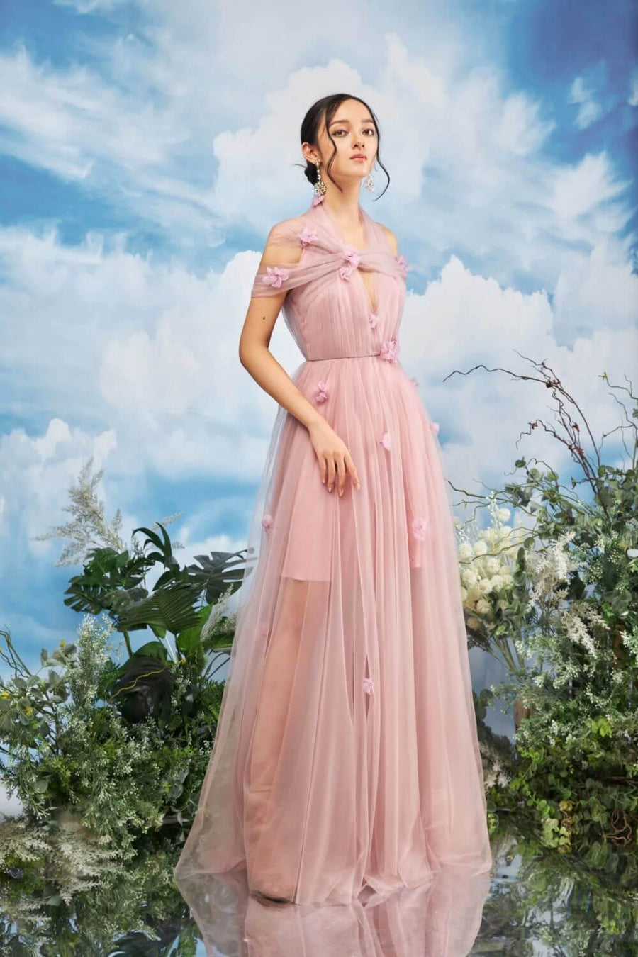 Yolaf Gathered Cold Shoulder Sleeved Mesh Sheer Maxi Dress 6