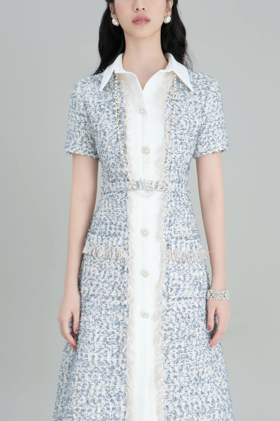 Yuki A-line Short Sleeved Tweed Midi Dress Midi Dress Darling Diva