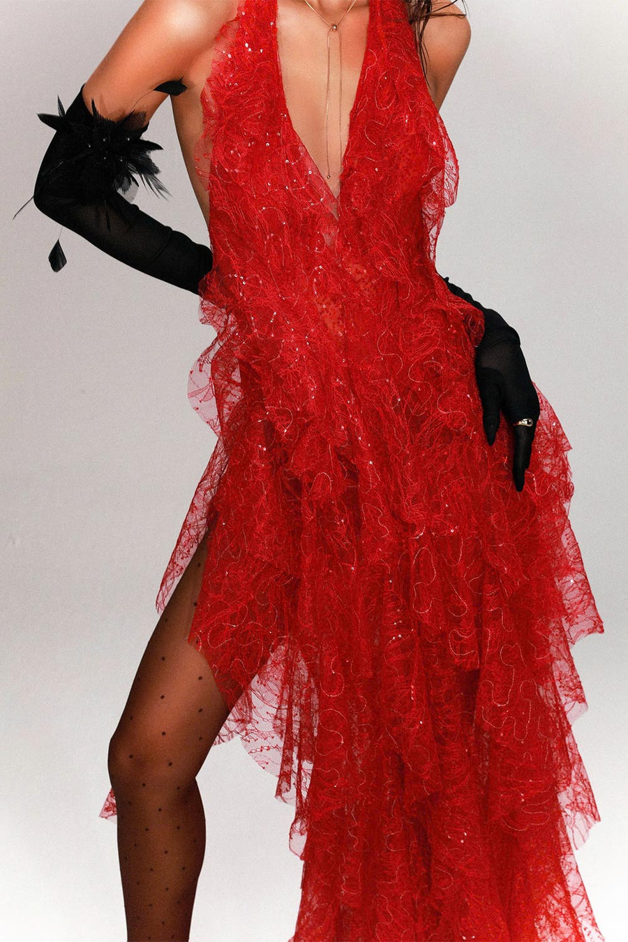 Anahi Slit Ruffle Layer Mesh Floor Length Dress 2
