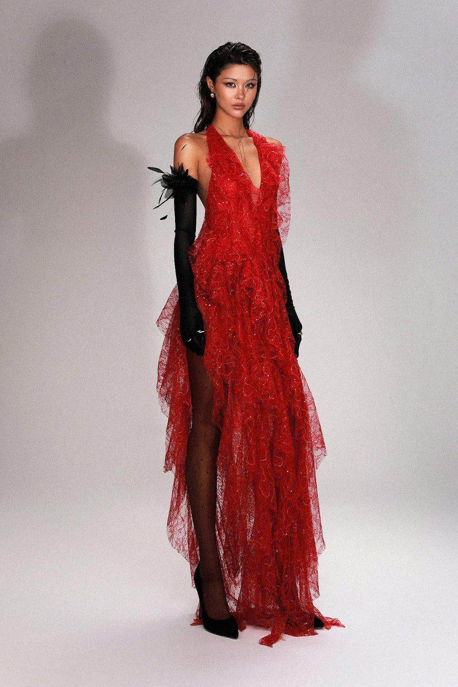 Anahi Slit Ruffle Layer Mesh Floor Length Dress 4