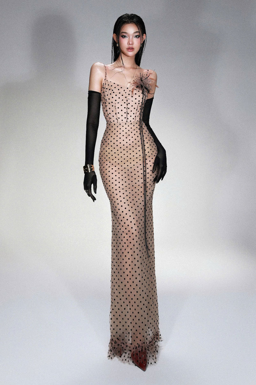 Haisley Pencil Corset Waist Mesh Floor Length Dress 7