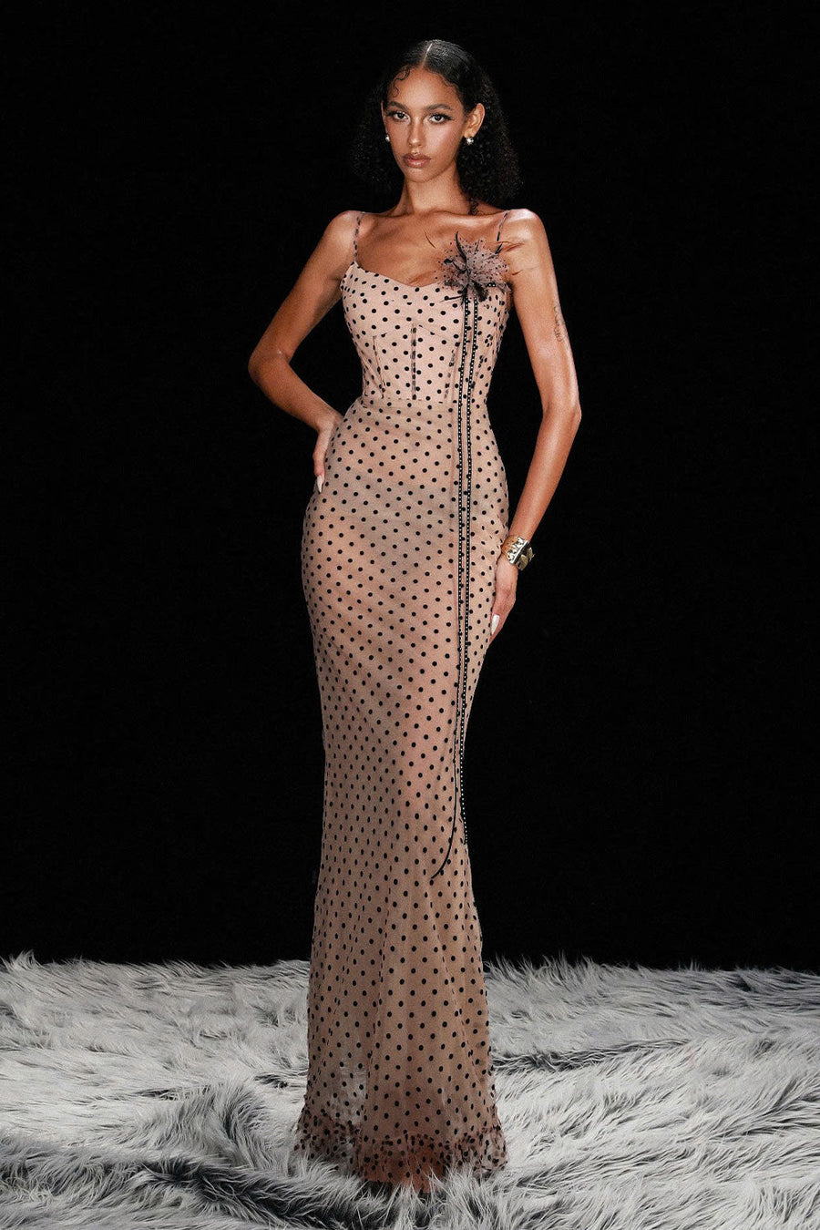Haisley Pencil Corset Waist Mesh Floor Length Dress 1