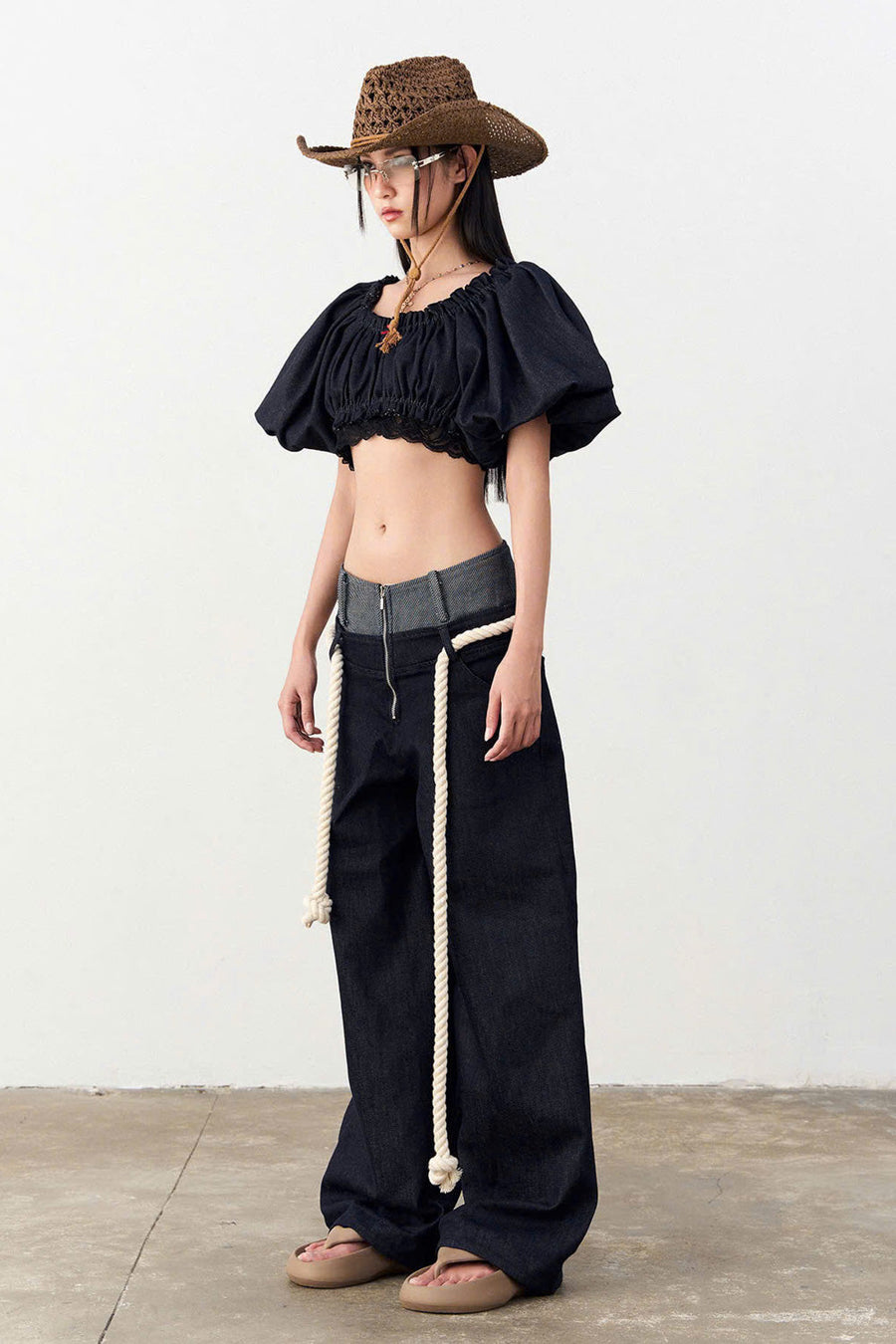 Senna Drop Waist Front Zipper Denim Floor Length Pants 3