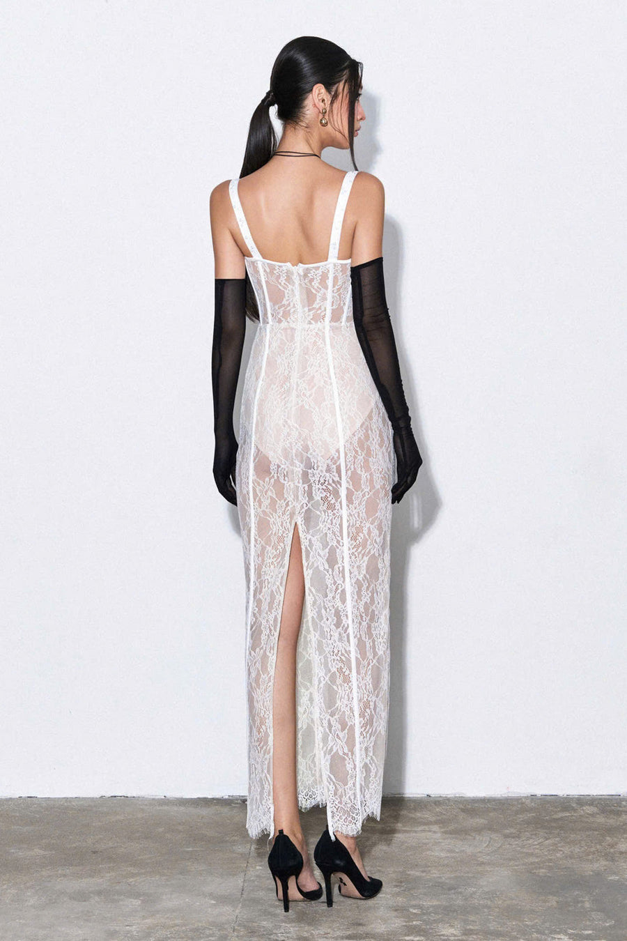 Syle Bodycon See-Through Mesh Lace Ankle Length Dress 4