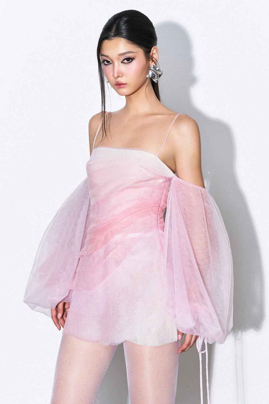 Rive Blouson Cold Shoulder Sleeved Tulle Mini Dress