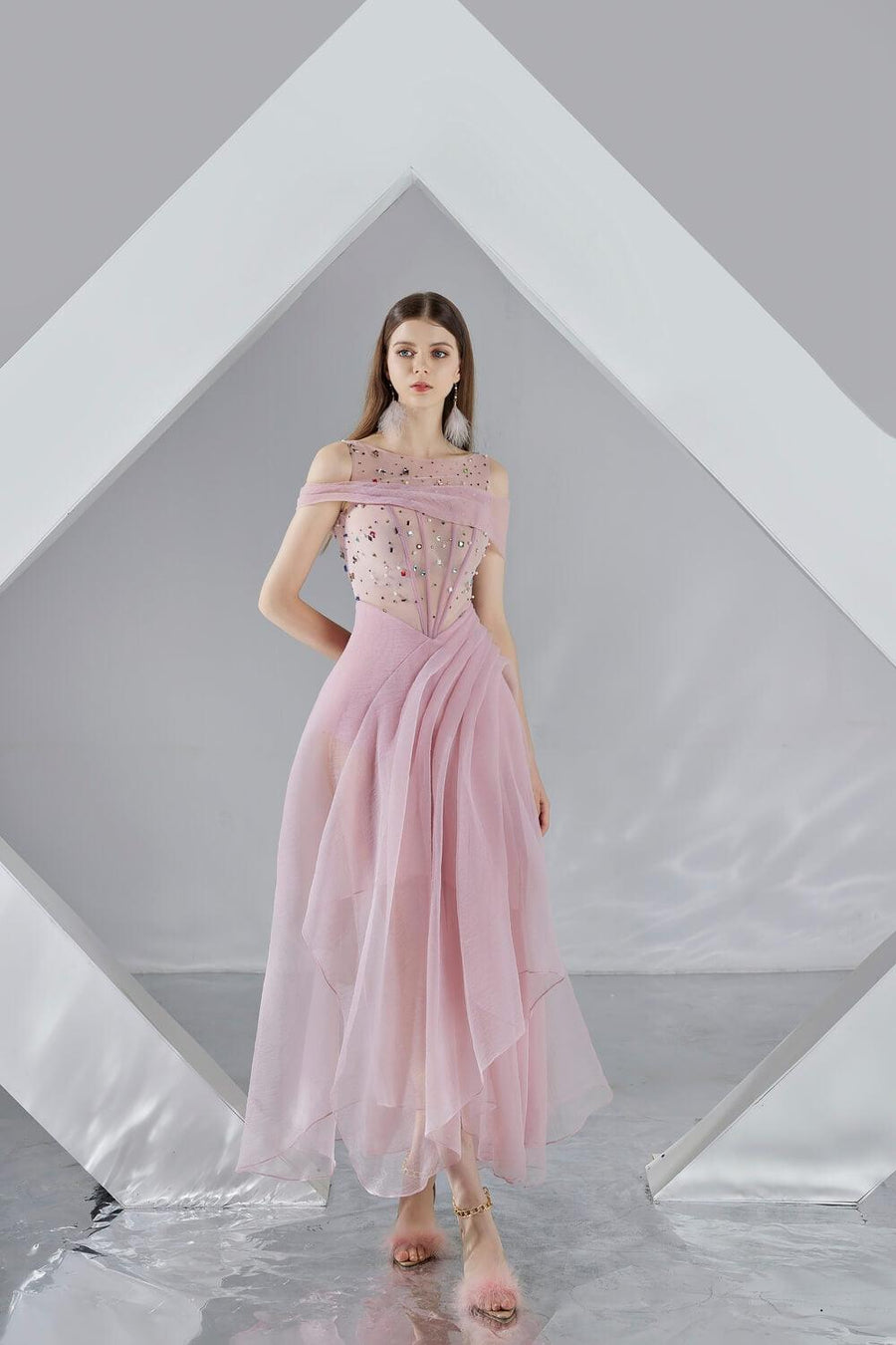 Zariyah Slit Open Shoulder Organza Midi Dress 6