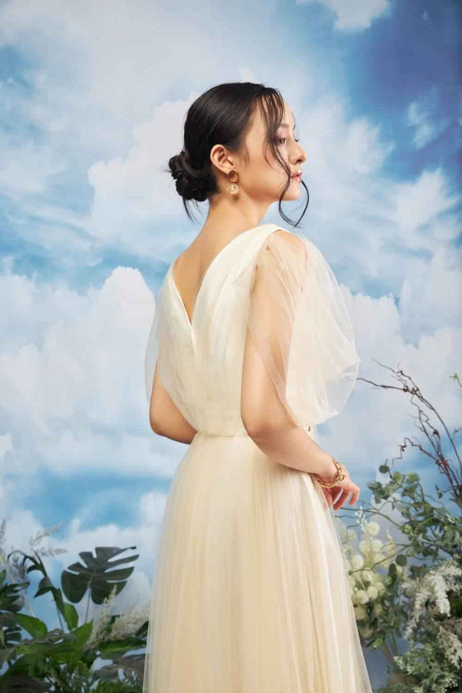 Zeus Gathered V-Neck Mesh Sheer Maxi Dress