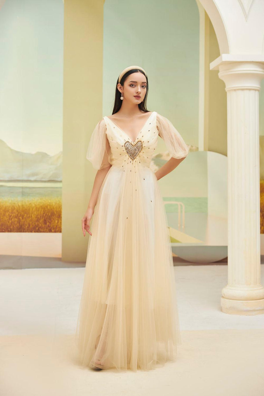 Zeus Gathered V-Neck Mesh Sheer Maxi Dress 7