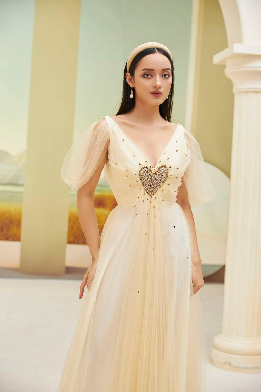 Zeus Gathered V-Neck Mesh Sheer Maxi Dress 8