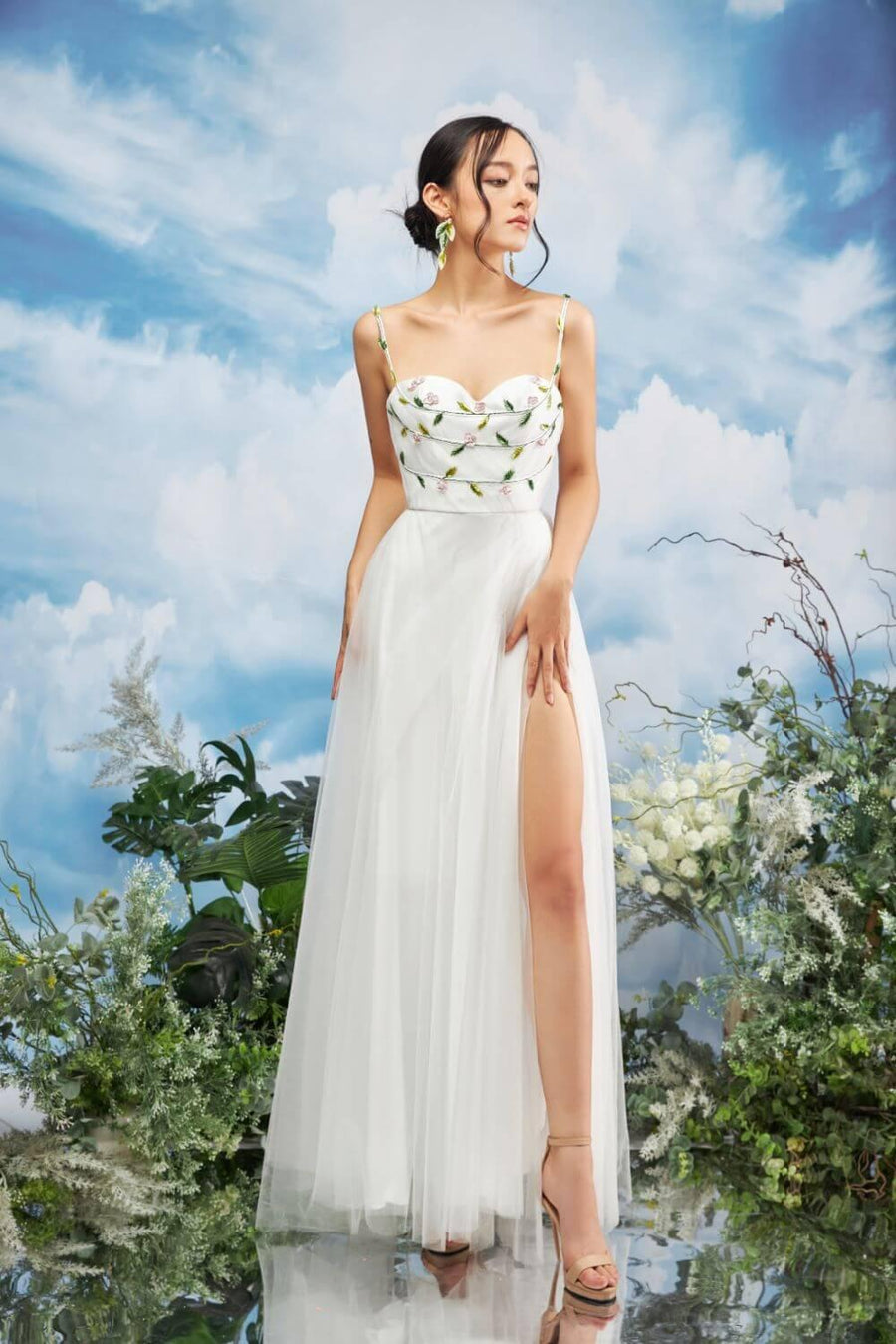 Zone Slit Semi-Heart Neck Mesh Sheer Maxi Dress 10