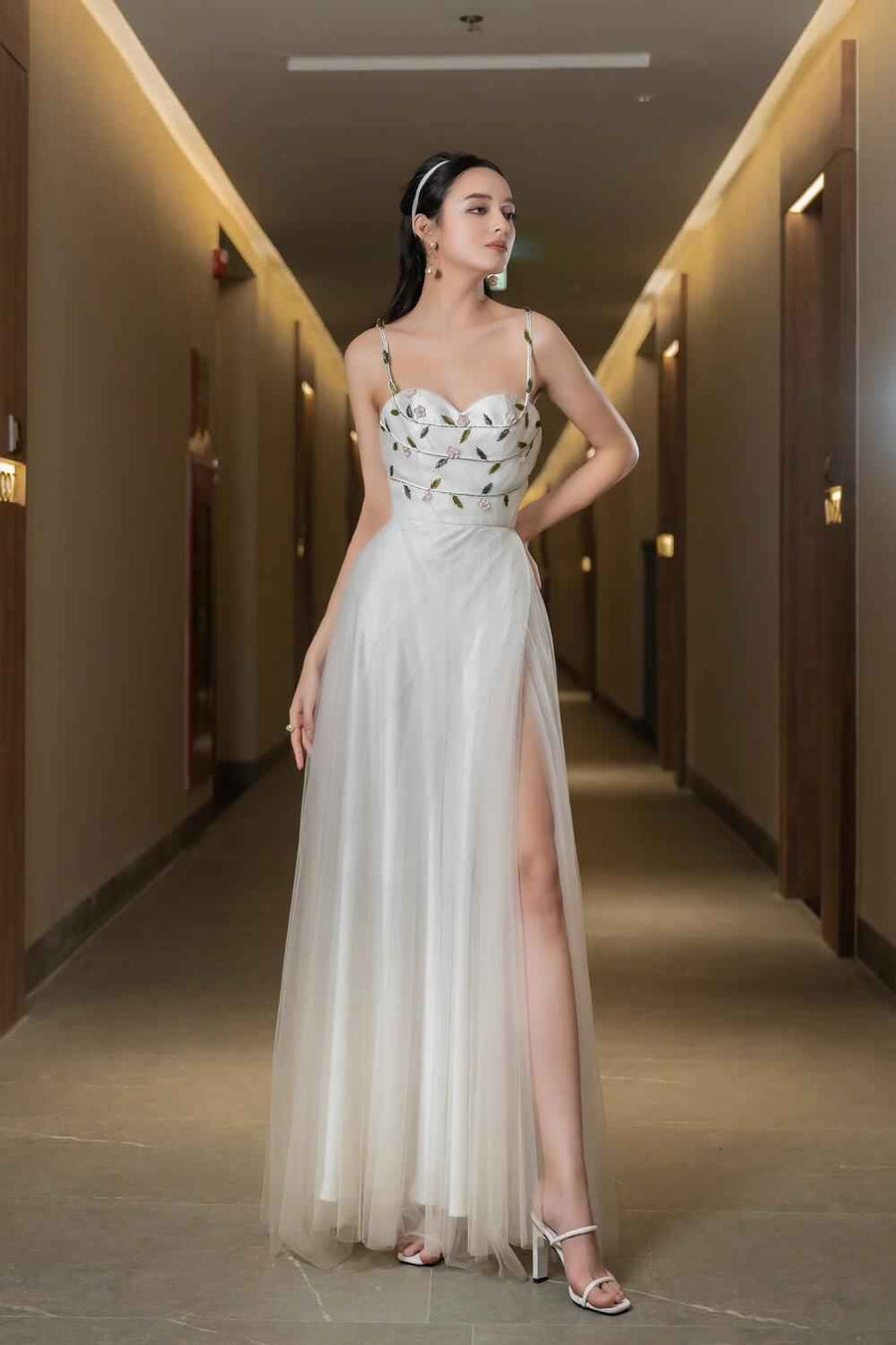 Zone Slit Semi-Heart Neck Mesh Sheer Maxi Dress