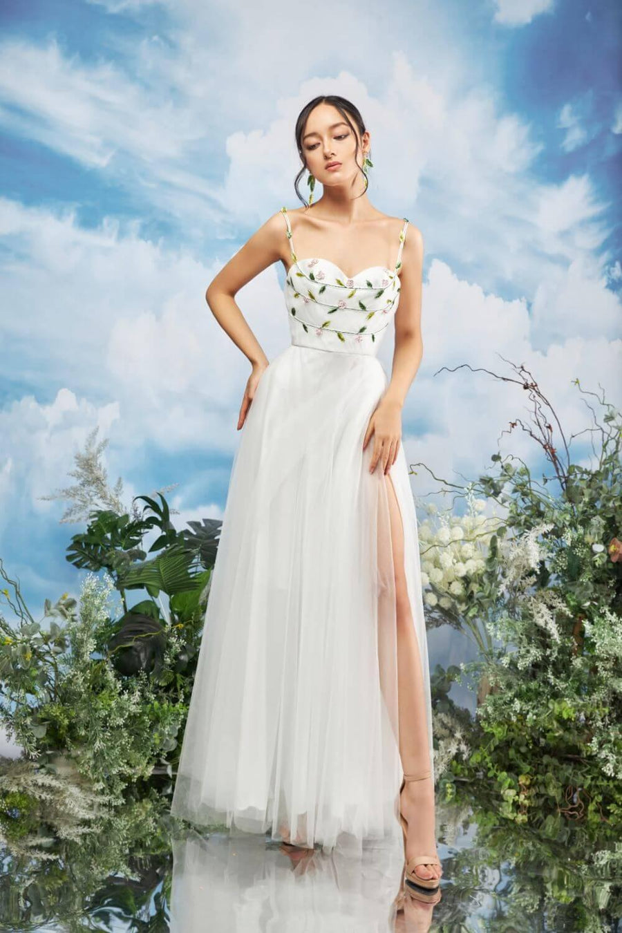 Zone Slit Semi-Heart Neck Mesh Sheer Maxi Dress 9