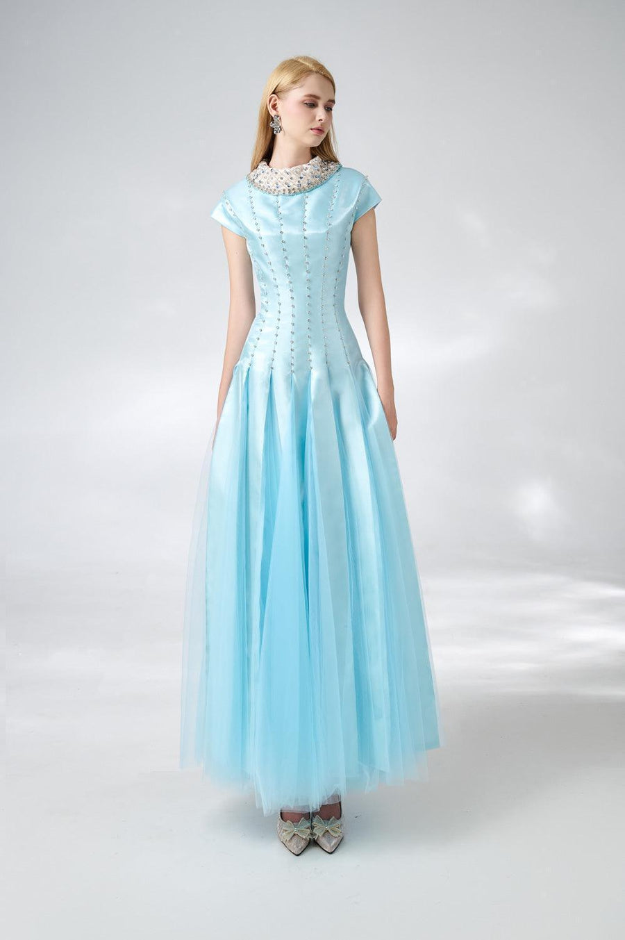 Zuniga Gored High Neck Mesh Silk Maxi Dress 4