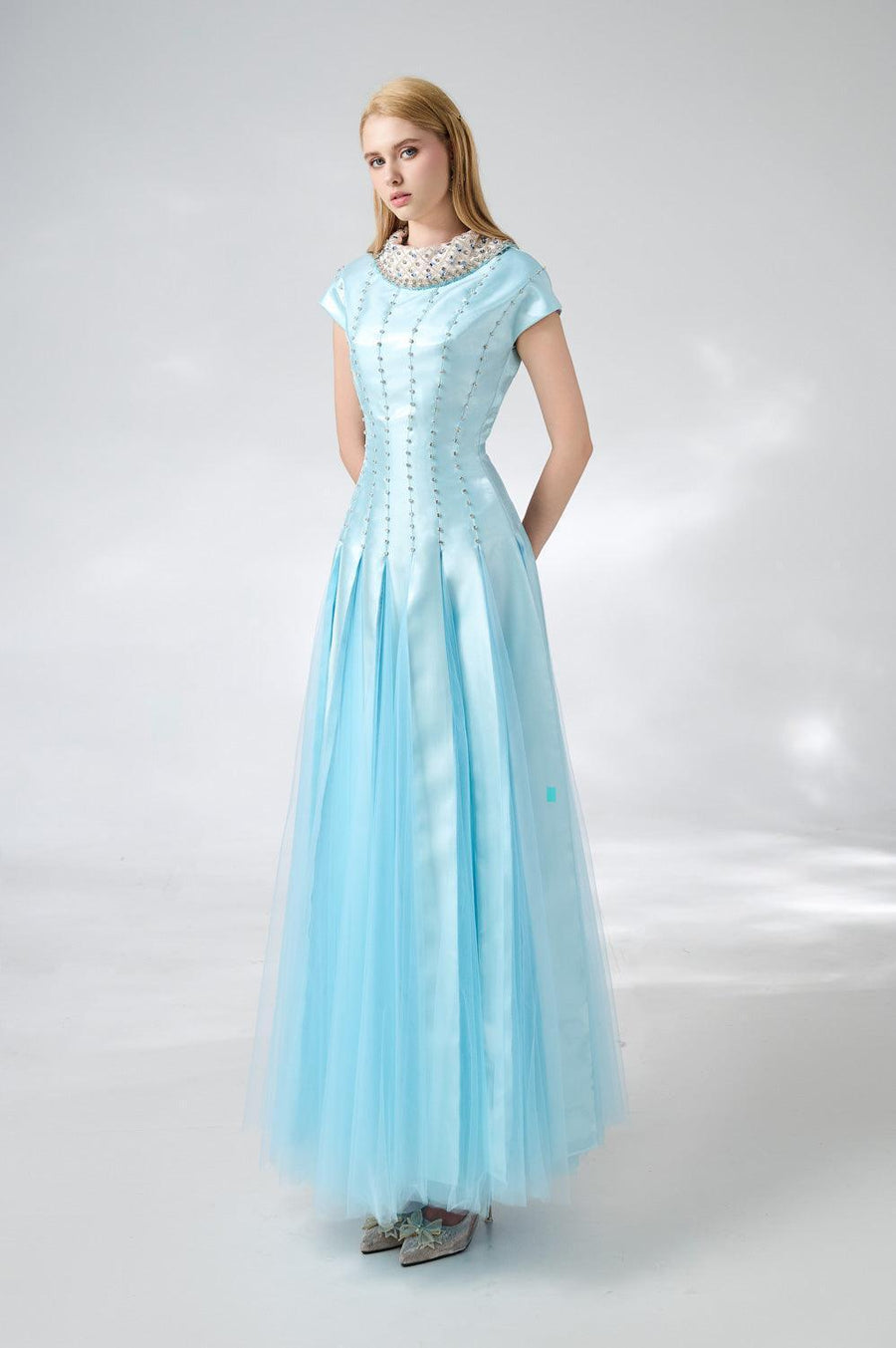 Zuniga Gored High Neck Mesh Silk Maxi Dress 5