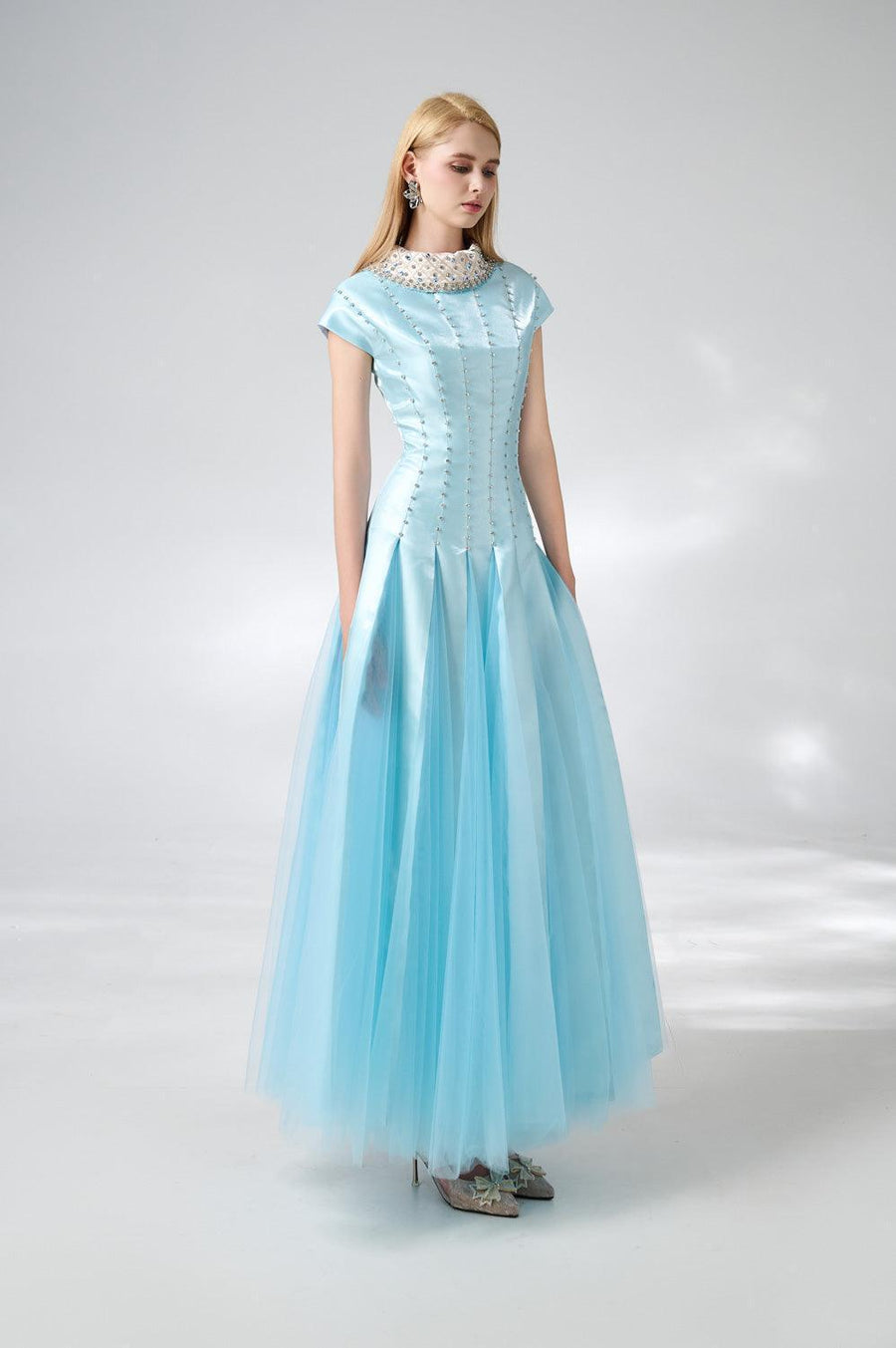 Zuniga Gored High Neck Mesh Silk Maxi Dress 6