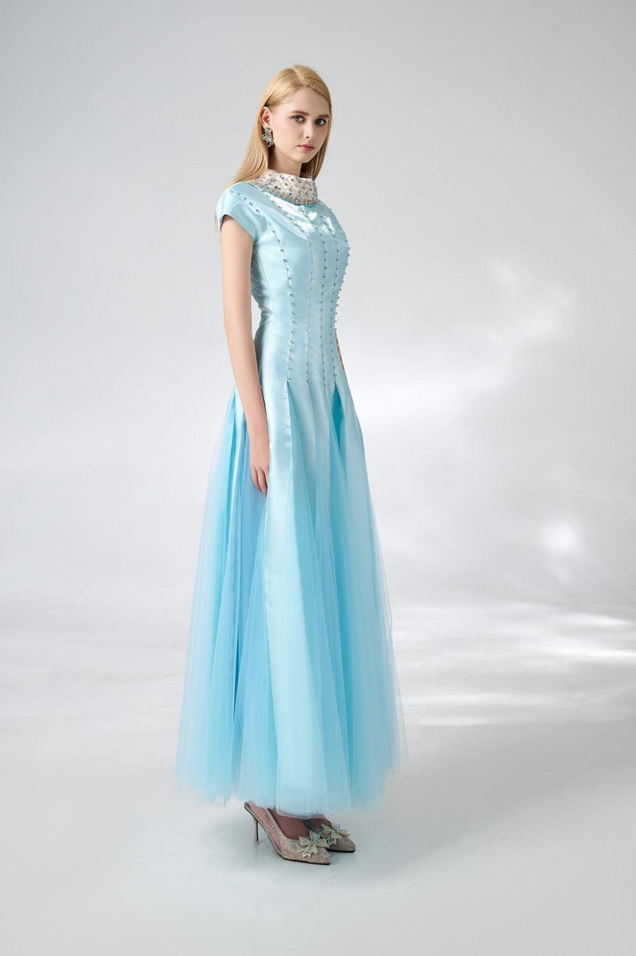 Zuniga Gored High Neck Mesh Silk Maxi Dress 7